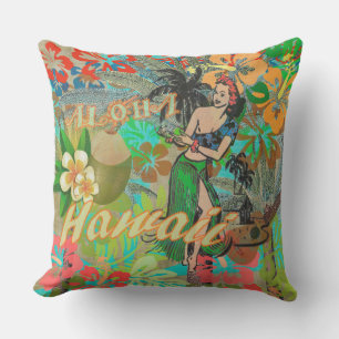 Hawaii Flower Hula Vintage Floral Graphic Outdoor Pillow