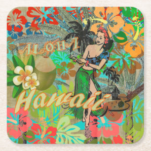 Hawaii Flower Hula Vintage Floral Graphic Square Paper Coaster