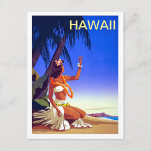 Hawaii, girl on tropic isle, vintage travel postcard