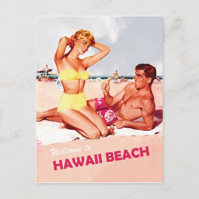 Hawaii, happy surfing couple, vintage travel postcard (Front)