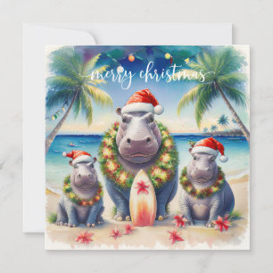 Hawaii Hippo celebrating Christmas at the beach  Holiday Card