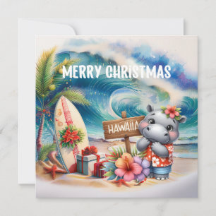 Hawaii Hippo celebrating Christmas at the beach Holiday Card