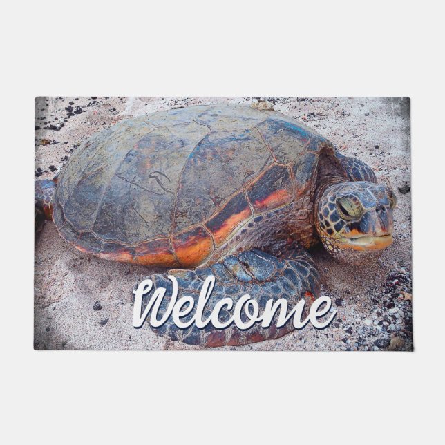 Hawaii Honu Sea Turtle Photo Welcome Script Bold Doormat (Front)