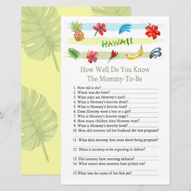 Hawaii How well do you know baby shower game (Front/Back)