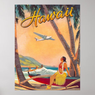 Hawaii, hula girl on tropic coast, vintage airline poster