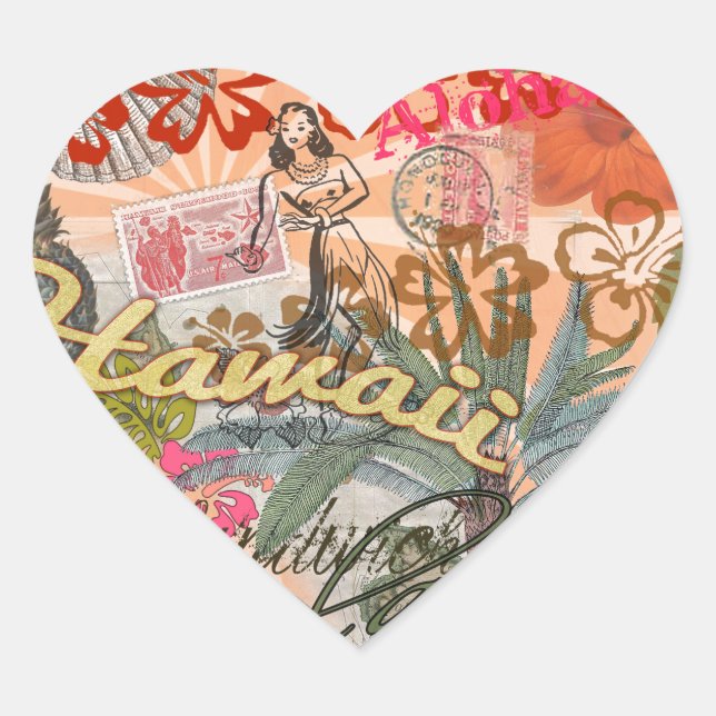 Hawaii Hula Travel Flower Vintage Heart Sticker (Front)