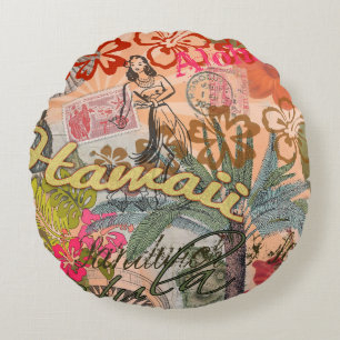 Hawaii Hula Travel Flower Vintage Round Pillow