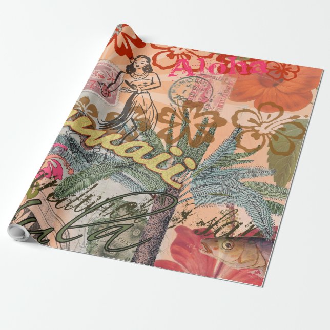 Hawaii Hula Travel Flower Vintage Wrapping Paper (Unrolled)