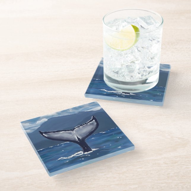 Hawaii Humpback Whale Tail Art  Glass Coaster (Angled)