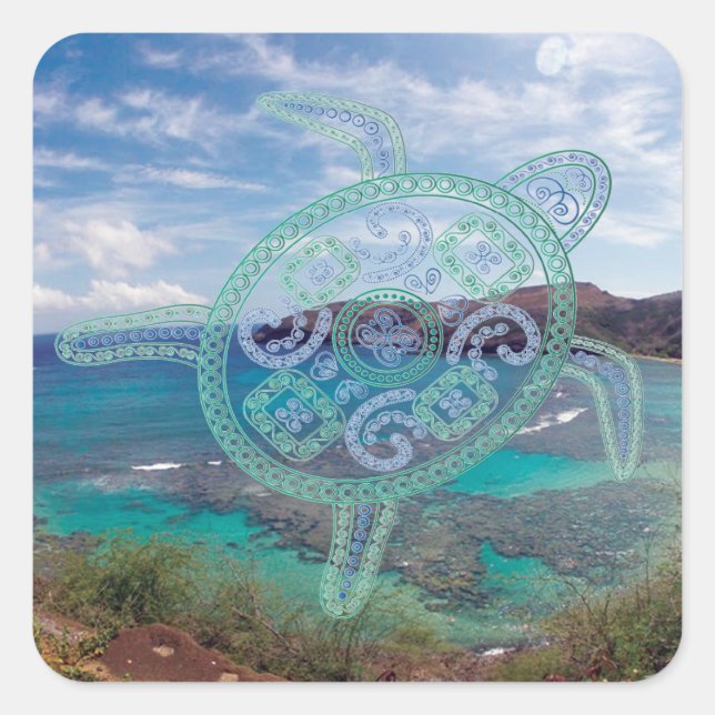 Hawaii Islands and Oahu Turtle Square Sticker (Front)