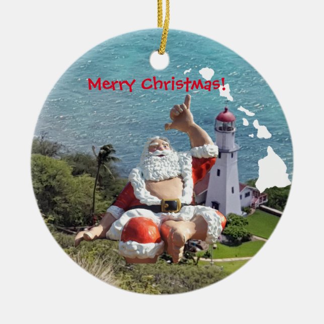 Hawaii Islands,  Santa Claus and Waikiki Ceramic Ornament (Front)