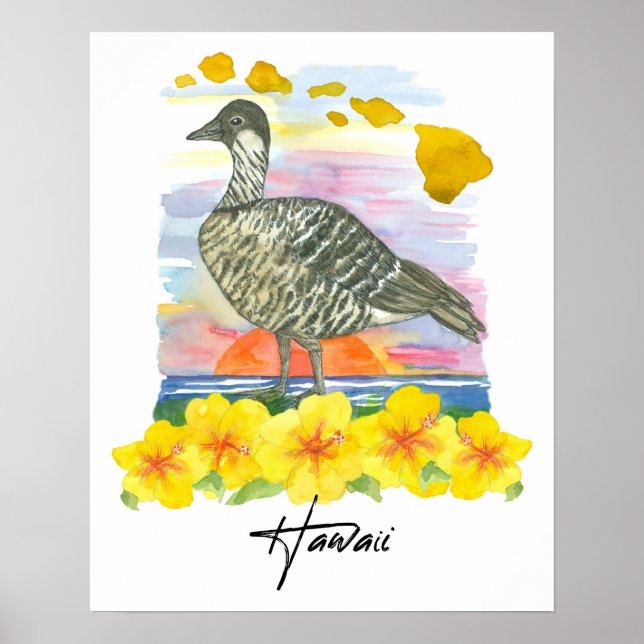 Hawaii Islands State Bird Nene Sunset Ocean Poster (Front)
