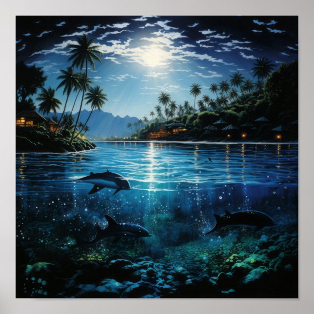Hawaii la nuit - Dauphins nage" Poster (Devant)