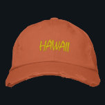 HAWAII Light Green on Orange Distressed Style Embroidered Hat<br><div class="desc">HAWAII Light Green on Orange Embroidered vintage style distressed cotton hat. Makes a wonderful gift for anybody who loves Hawaii! If you would prefer to have your personal text then simply select "Personalize this template" details button to enter your choice of custom text. Embroidery is also customizable to other colour...</div>