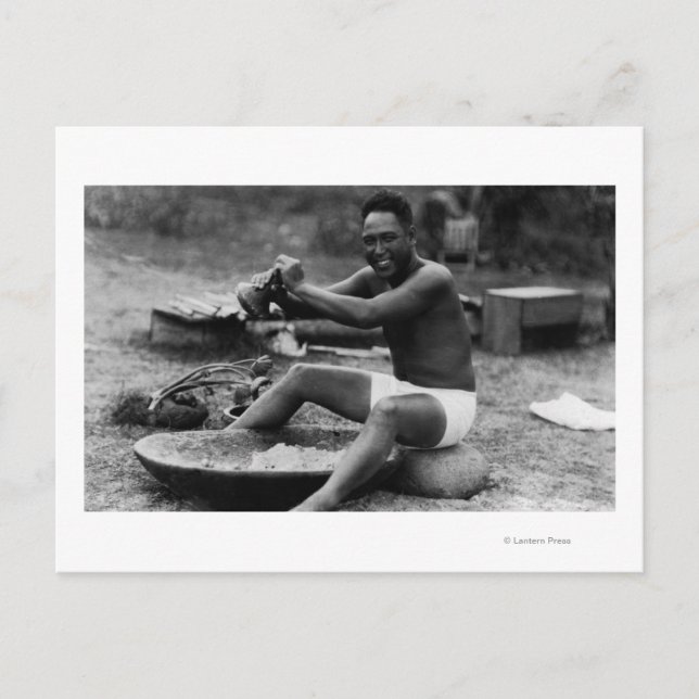 Hawaii - Man Pounding Taro to Make Poi Postcard (Front)