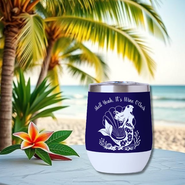 Hawaii Mermaid-Shell Ouais son horloge de vin (Hawaiian Mermaid Tropical Flowers Sea Shells Coral, Summer Beach, Fisherman Trend Wine Tumbler Blue)
