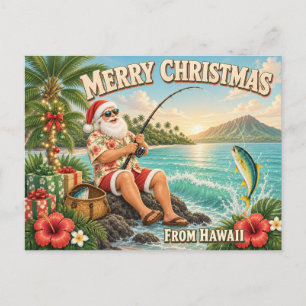 Hawaii Merry Christmas Santa Fishing Tropical Holiday Postcard