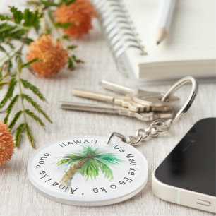 Hawaii Motto Palm Tree Watercolor Keychain
