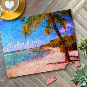 Hawaii Ocean Palm Tree Vintage Photo On Beach Time Jigsaw Puzzle