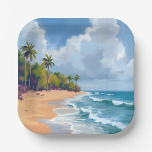 Hawaii Ocean Shore Watercolor Painting Beach Paper Plate