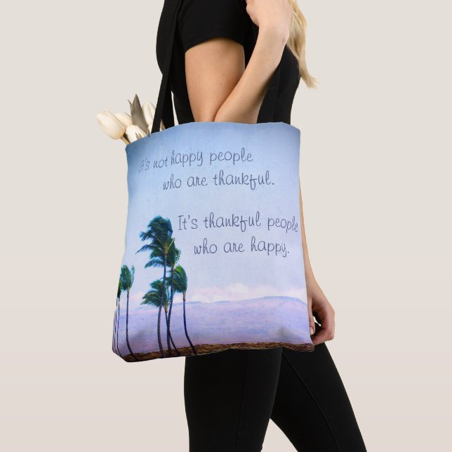 Hawaii Palm Tree Photo Thankful Happy People Quote Tote Bag (Close Up)