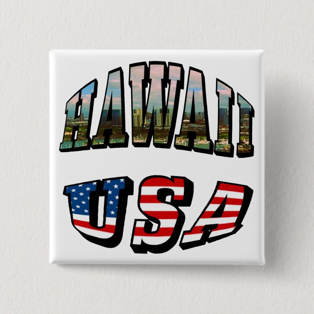 Hawaii Picture and USA Flag Text 2 Inch Square Button (Front)