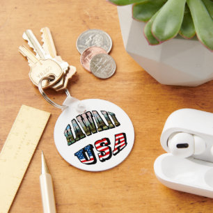 Hawaii Picture and USA Flag Text Aluminum Circle Keychain