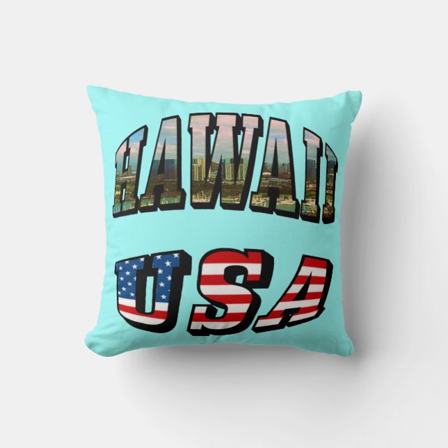 Hawaii Picture and USA Flag Text Throw Pillow (Front)