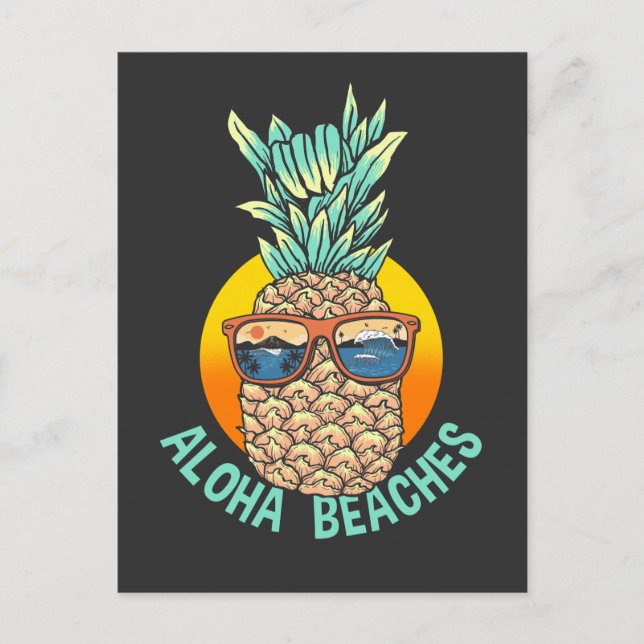 Hawaii Pineapple Sunglasses Surfing Sunset Beach Postcard (Front)