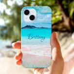 Hawaii Sandy Beach Ocean Blue Gold Confetti Name iPhone 15 Case<br><div class="desc">Think of summer each time you use this personalized name cell phone case. Enjoy the solitude of an empty Hawaii beach with this stunning, vibrantly-coloured coastal photo, tipped with tiny, sparkly turquoise blue and gold, glam confetti dots. Makes a great gift for someone special! Just type in the name of...</div>