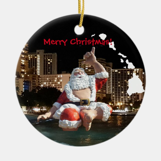 Hawaii Santa and Hawaii islands Ceramic Ornament (Front)