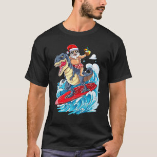 Hawaii Santa Riding Dinosaur Rex Sufing Christmas  T-Shirt