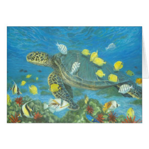 Hawaii sea turtle with reef fis