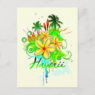 Hawaii Splash Plumeria Flowers Palm Trees Swirls Postcard