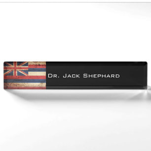 Hawaii State Flag on Old Wood Grain Nameplate