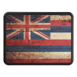 Hawaii State Flag on Old Wood Grain Trailer Hitch Cover