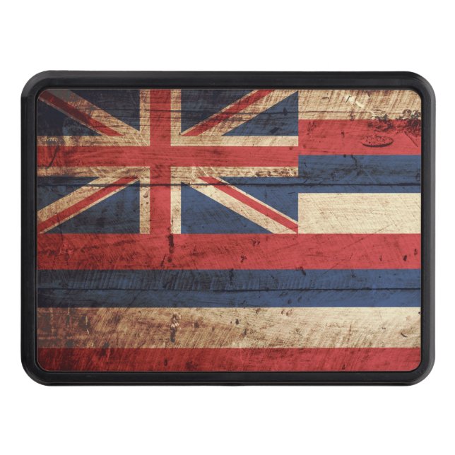 Hawaii State Flag on Old Wood Grain Trailer Hitch Cover (Front)