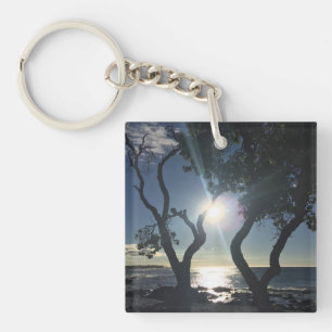 Hawaii Sunlit Trees Ocean Shore Colour Photography Keychain