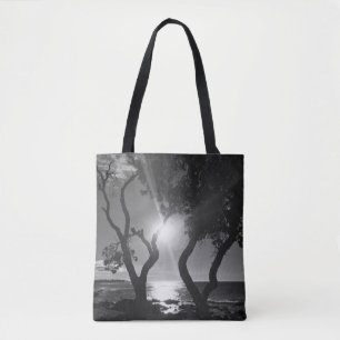Hawaii Sunlit Trees Shore Black and White Photo Tote Bag