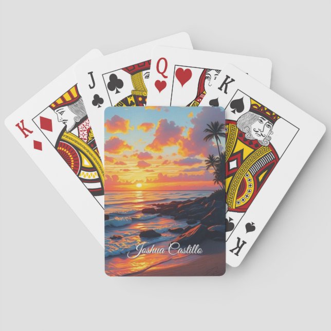 Hawaii Sunset Calligraphy Simple Professional Name Playing Cards (Back)