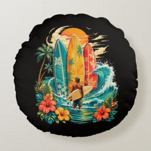 Hawaii Surfboard Wave Beach Surfer Vintage Round Pillow