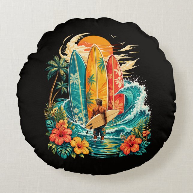 Hawaii Surfboard Wave Beach Surfer Vintage Round Pillow (Front)