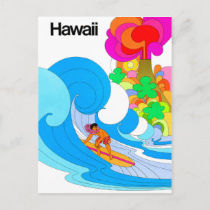 Hawaii, Surfing on big wave, sixties illustration Postcard