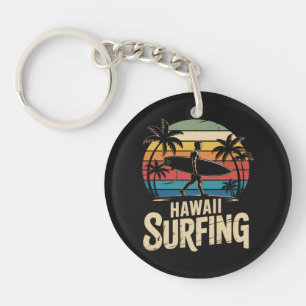 Hawaii Surfing Retro - Vintage Sunset Beach Surfer Keychain