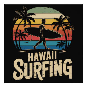 Hawaii Surfing Retro - Vintage Sunset Beach Surfer Poster