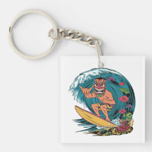 Hawaii surfing vintage colourful badge with man in keychain