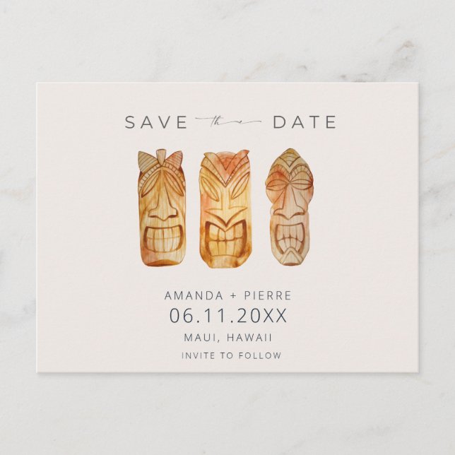 Hawaii Tiki Mask Wedding Save the Dates Announcement Postcard (Front)
