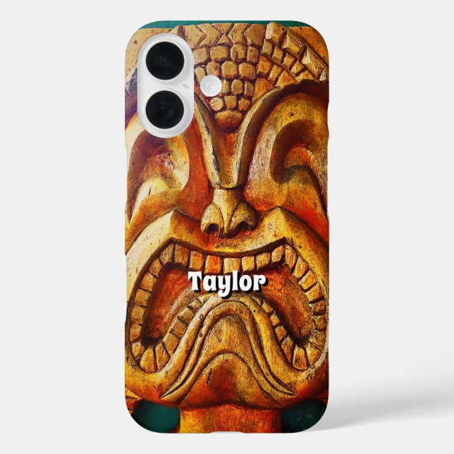 Hawaii Tiki Retro Wood Face Fun Photo Custom Name Case-Mate iPhone Case (Back)