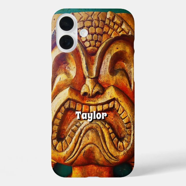 Hawaii Tiki Retro Wood Face Photo Add Your Name Case-Mate iPhone Case (Back)
