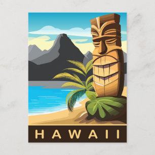 Hawaii, Tiki Statue on the Beach, Travel Postcard
